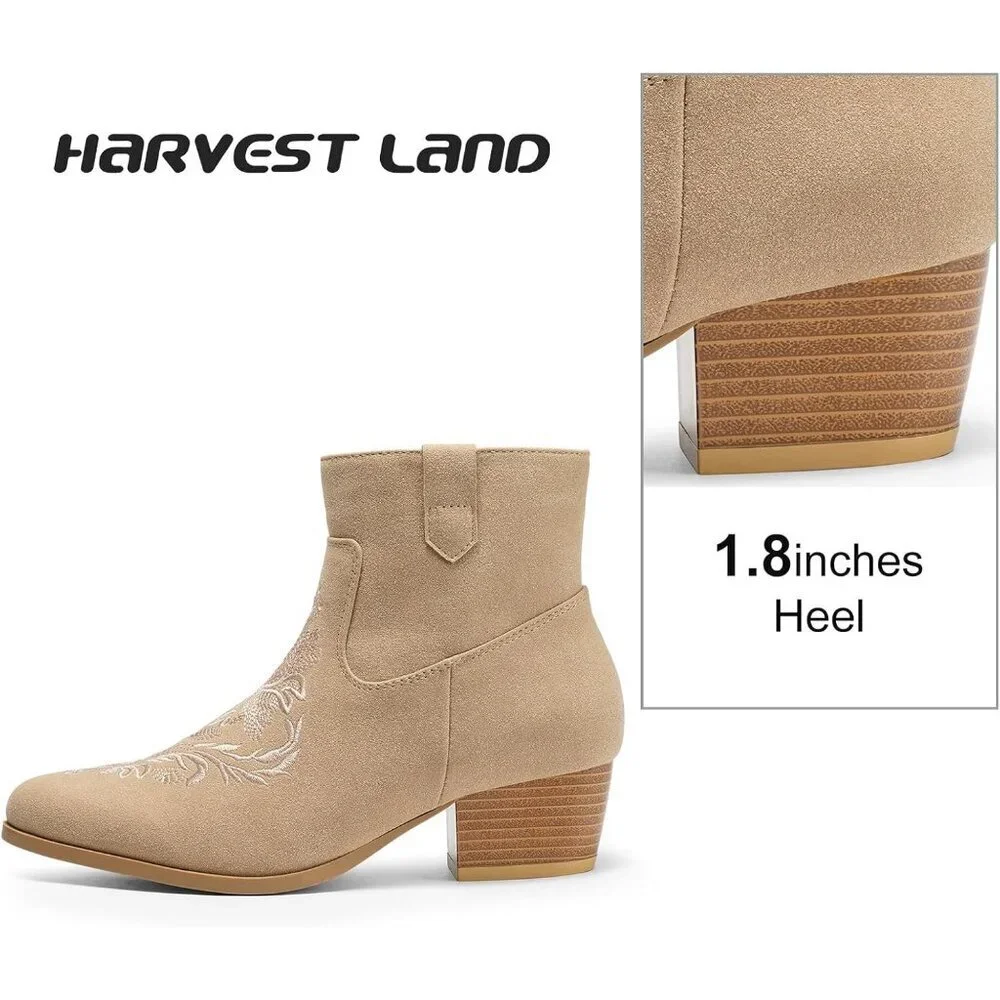 Women's Tan Classic Ankle Boots Low Block Heels Suede Chunky Fashion Booties - Picture 3 of 9